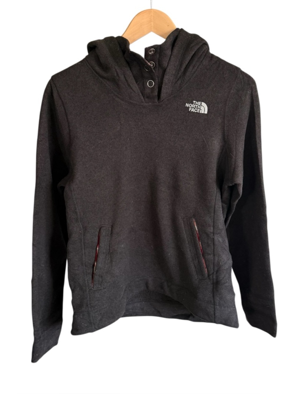 The North Face Women’s Black Hooded Pullover Sweater Plaid Lining Small
